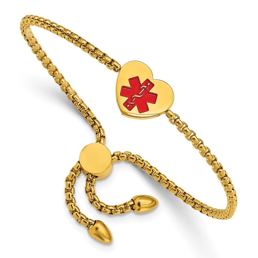 Steel Yellow IP-plated Red Enamel Heart Medical ID Adjustable Bracelet